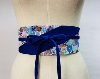 Ceinture réversible et réglable en coton imprimé japonais motif chrysanthème et uni en coton bleu roi taille haute