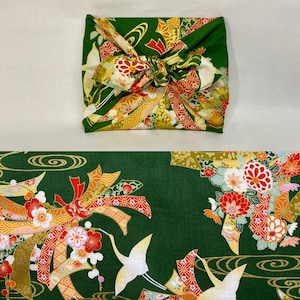 Furoshiki in cotone giapponese stampato con motivo gru/fiore, fondo verde, varie misure