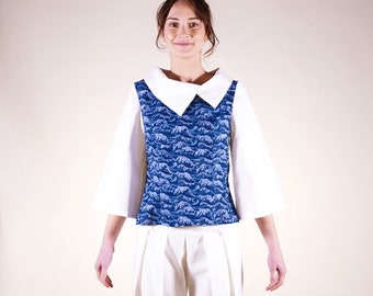 Japanese printed cotton top with blue wave pattern and plain white asymmetrical collar, flared sleeves