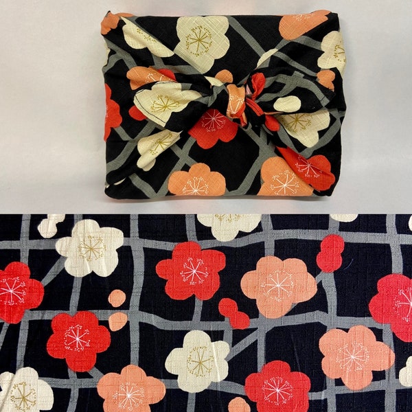 Furoshiki in Japanese printed cotton plum tree pattern black background several sizes