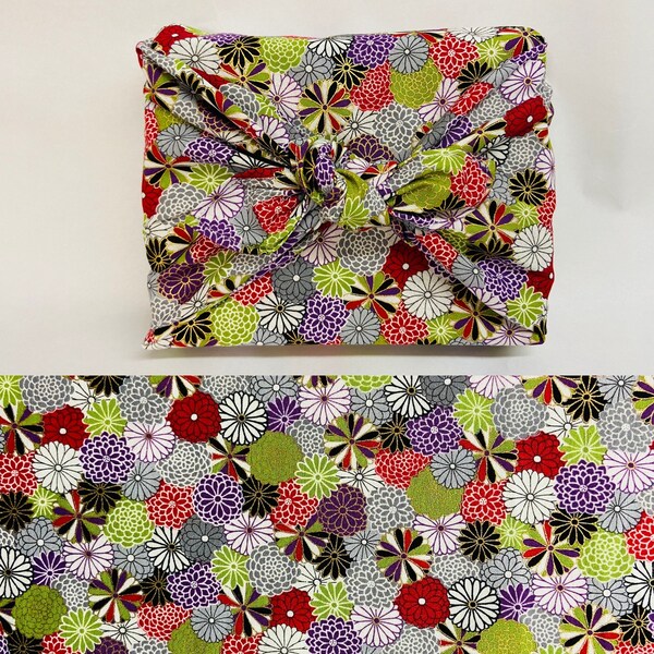 Japanese printed cotton furoshiki with small green and red crysanthemum pattern in several sizes