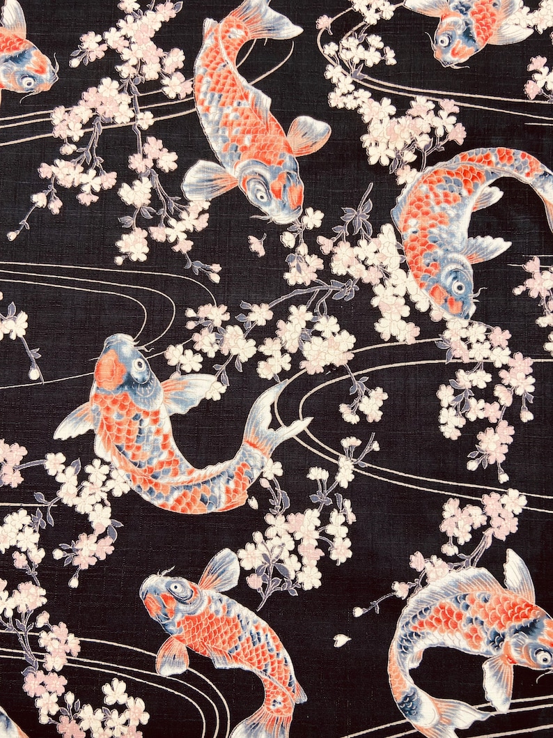 Furoshiki in Japans bedrukt katoen karper/KoÏ patroon en roze kersenboom zwarte achtergrond verschillende maten afbeelding 3