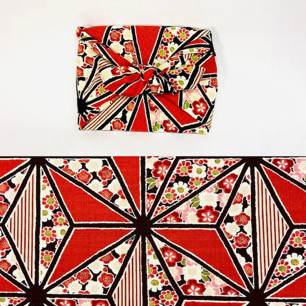 Furoshiki en coton imprimé japonais motif fleur umé fond rouge plusieurs tailles