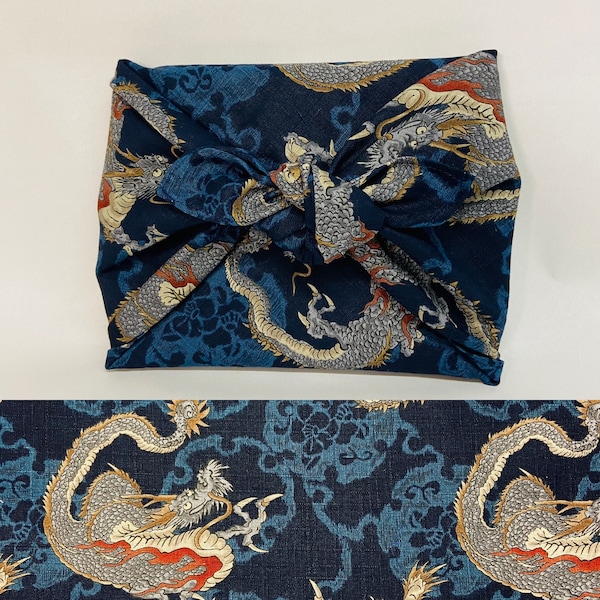 Furoshiki in Japanese printed cotton dragon pattern navy blue background, several sizes