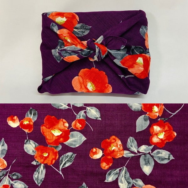 Furoshiki in Japanese printed cotton pattern Tsubaki/Camellia red purple background in several sizes