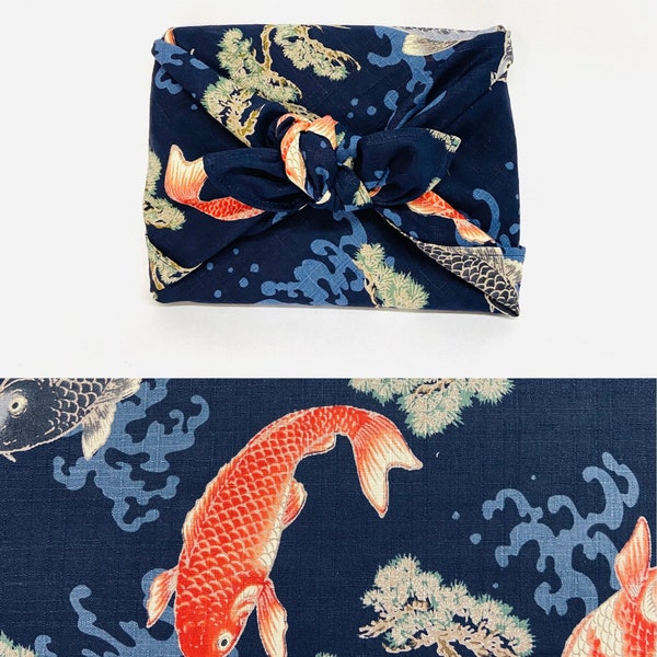 Furoshiki in Japanese printed cotton carp/KoÏ pattern in two colors, navy blue background, several sizes