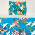 Japanese printed cotton furoshiki with crane/flower pattern, sky blue background, several sizes