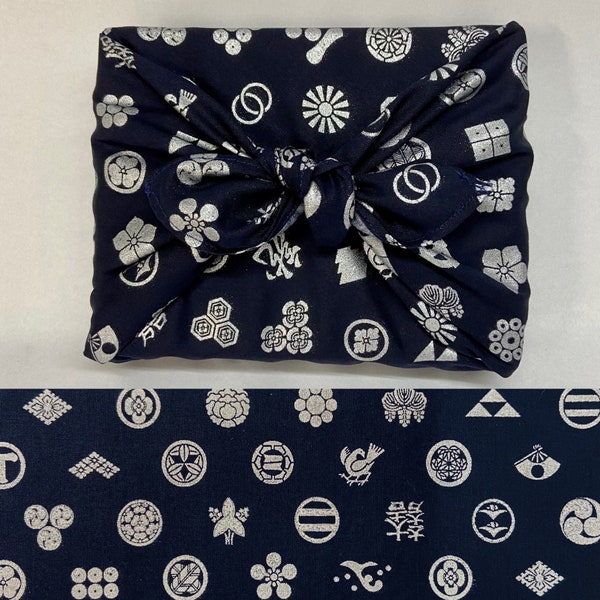 Japanese printed cotton furoshiki Wagara pattern in silver navy blue background, several sizes