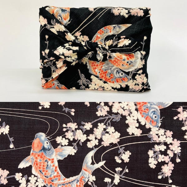 Furoshiki in Japanese printed cotton carp/KoÏ pattern and pink cherry tree black background several sizes
