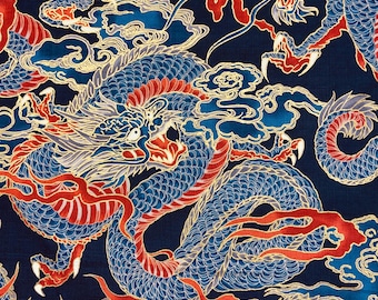 Japanese printed cotton furoshiki with a gold dragon design on a navy blue background, available in several sizes.