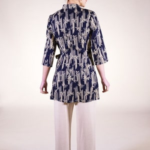 Double-breasted cotton tunic with Japanese print, bamboo pattern, navy blue background image 4