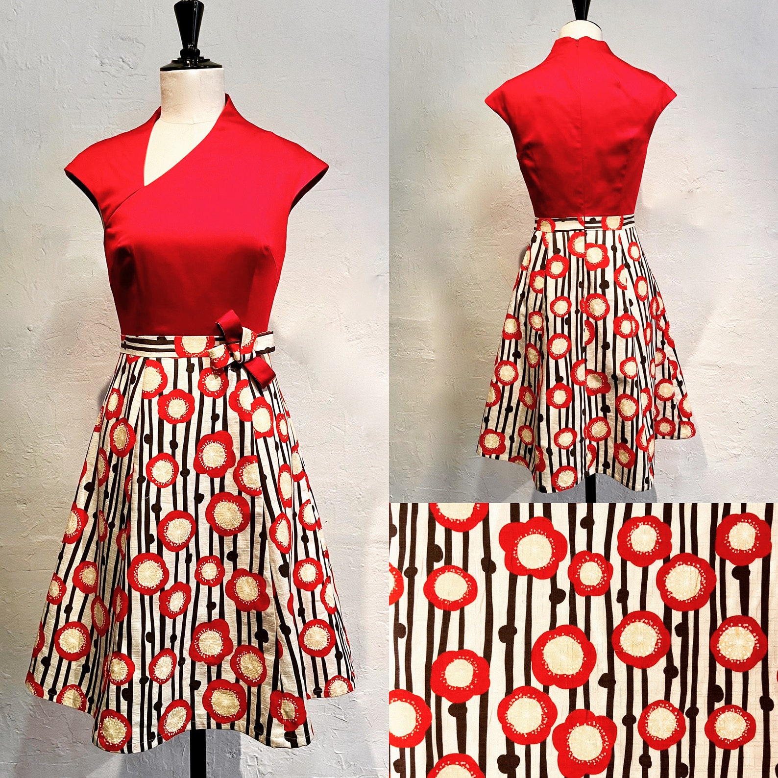 Robe décolleter asymétrique en coton rouge et imprimé ...