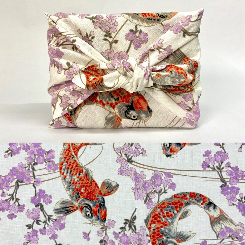 Furoshiki in Japanese printed cotton carp/KoÏ pattern and pink cherry tree ecru background several sizes image 1