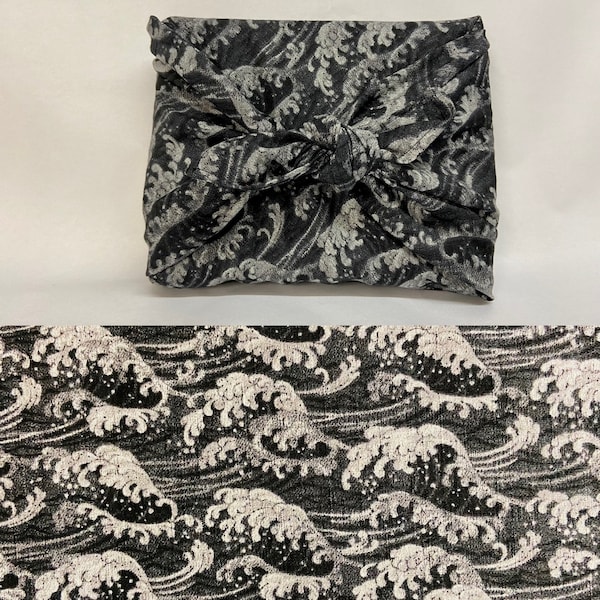 Furoshiki in Japanese printed cotton wave pattern dark gray denim, several sizes