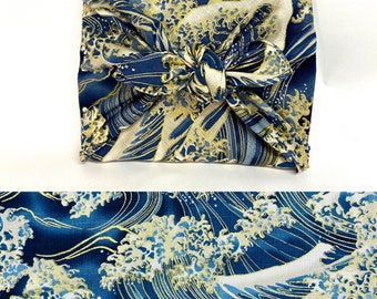 Furoshiki in Japanese printed cotton with golden wave pattern, blue background, several sizes