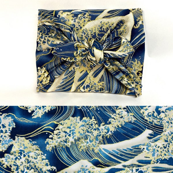 Furoshiki in Japanese printed cotton with golden wave pattern, blue background, several sizes