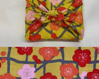 Furoshiki in Japanese printed cotton with plum pattern, mustard background, several sizes