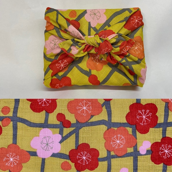 Furoshiki in Japanese printed cotton with plum pattern, mustard background, several sizes