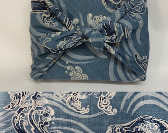 Furoshiki in Japanese printed cotton, blue water pattern, blue gray background, several sizes