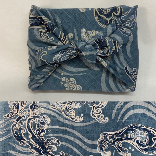 Furoshiki in Japanese printed cotton, blue water pattern, blue gray background, several sizes