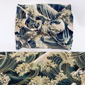Japanese printed cotton furoshiki with gold wave pattern on a blue/green background, various sizes