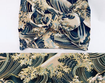 Furoshiki in Japanese printed cotton with golden wave pattern, blue/green background, several sizes