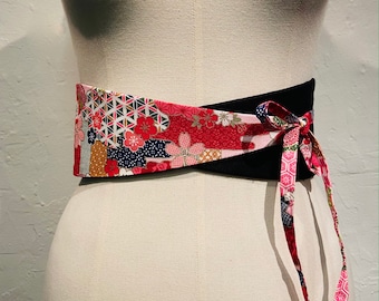 Ceinture réversible coton imprimé japonais en rouge/rose et uni coton noir pour femme taille haute