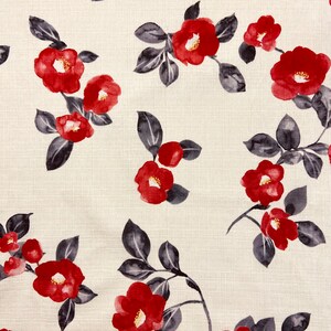 Omkeerbare en verstelbare Obi-riem van Japans bedrukt katoen Tsubaki/camellia-patroon ecru en effen rode of zwarte hoge taille afbeelding 6