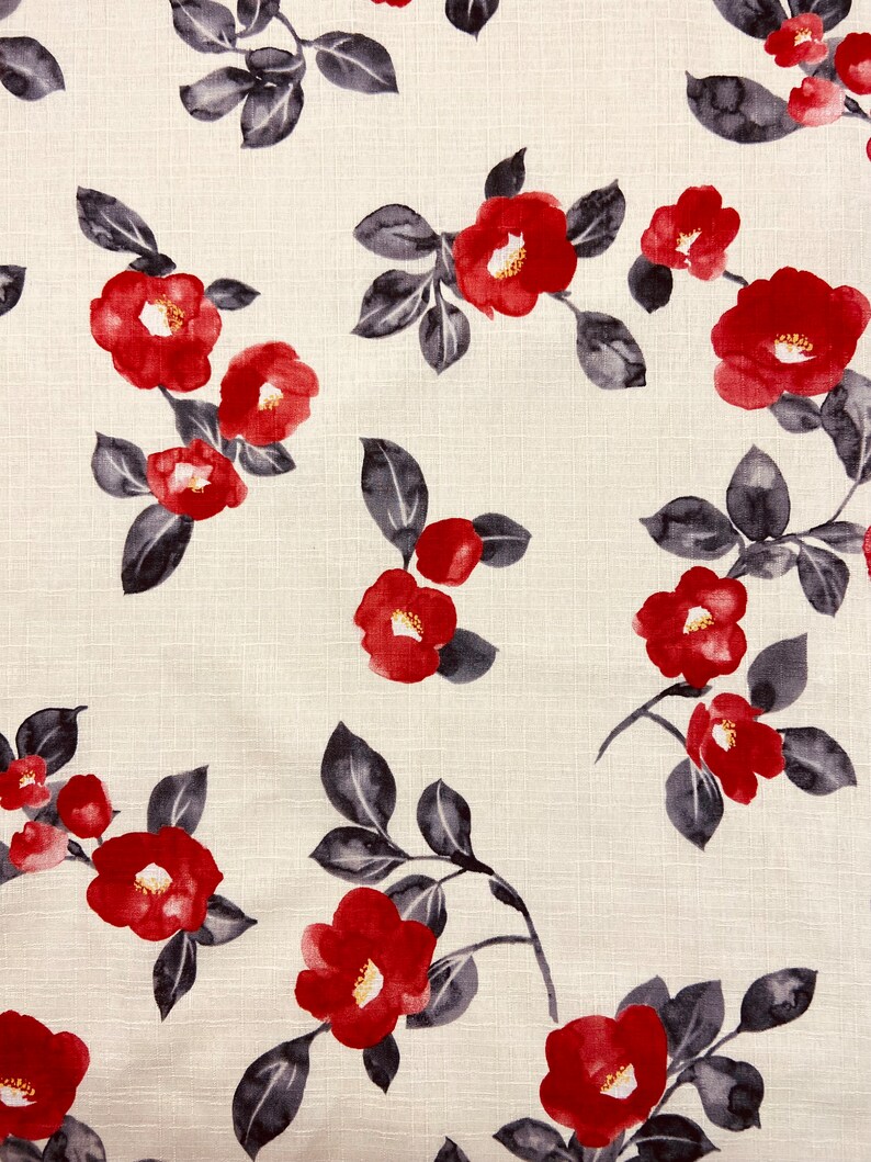 Omkeerbare en verstelbare Obi-riem van Japans bedrukt katoen Tsubaki/camellia-patroon ecru en effen rode of zwarte hoge taille afbeelding 6