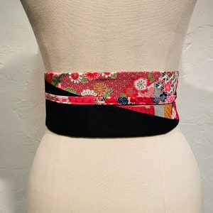 Ceinture réversible coton imprimé japonais en rouge/rose et uni coton noir pour femme taille haute image 2