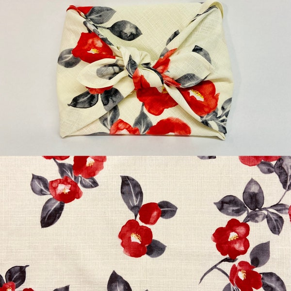 Furoshiki in Japanese printed cotton Tsubaki/Camellia red ecru background pattern in several sizes