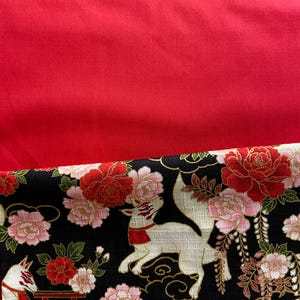 Reversible and adjustable Obi belt in Japanese printed cotton with fox pattern, black background and plain black, red or pink side, high waist image 8