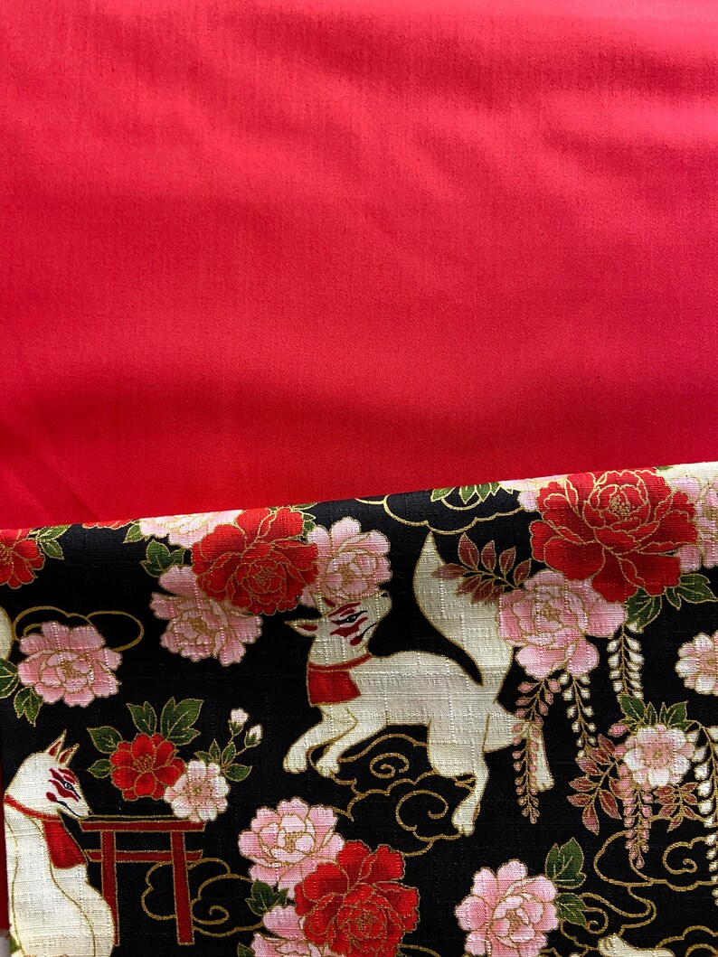 Reversible and adjustable Obi belt in Japanese printed cotton with fox pattern, black background and plain black, red or pink side, high waist image 8