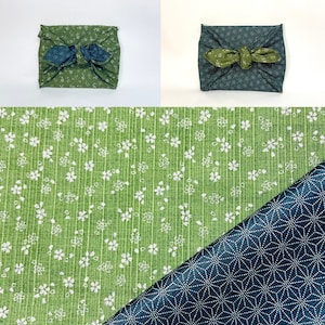 Furoshiki en coton imprimé double face motif fleur et asanoha vert en plusieurs tailles