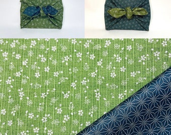 Furoshiki en coton imprimé double face motif fleur et asanoha vert en plusieurs tailles