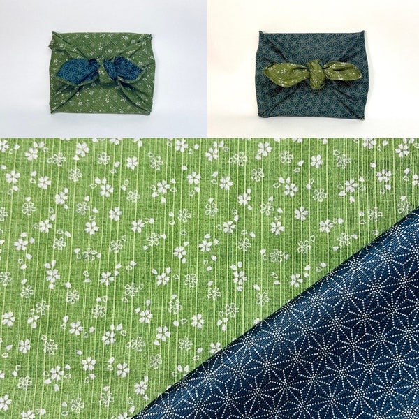 Double-sided printed cotton furoshiki with flower and green asanoha pattern in several sizes