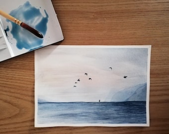 Watercolor sea landscape, Watercolor painting, Sea painting, Watercolor nature, Original artwork watercolor landscape, Landscape painting