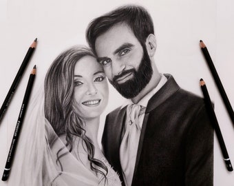 May include: A black and white pencil drawing of a couple. The woman is wearing a white dress and veil, and the man is wearing a suit and tie. They are looking at each other and smiling.