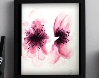 Japanese art,Sakura watercolor,Japanese flower painting,Cherry tree flower art,Sakura wall art,Japanese flower artwall,Watercolor painting