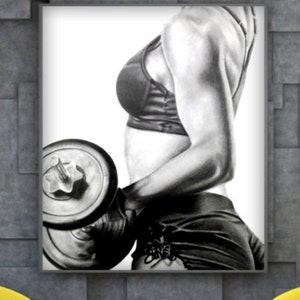 May include: A black and white drawing of a person lifting a weight. The person is wearing a sports bra and shorts. The weight is a dumbbell with a black handle and a silver weight plate.