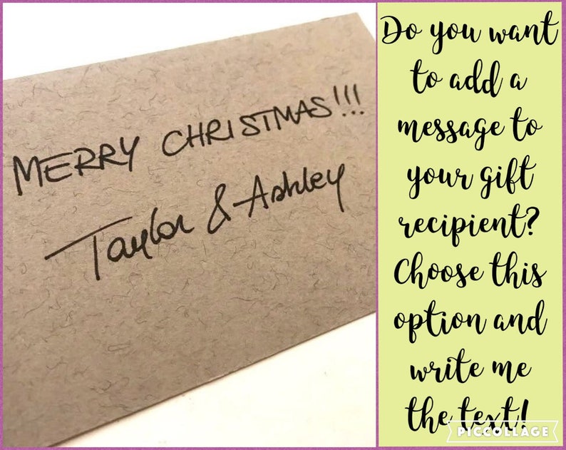 May include: A brown paper envelope with the handwritten message "MERRY CHRISTMAS!!! Taylor & Ashley". The text "Do you want to add a message to your gift recipient? Choose this option and write me the text!" is written in black on a yellow background.
