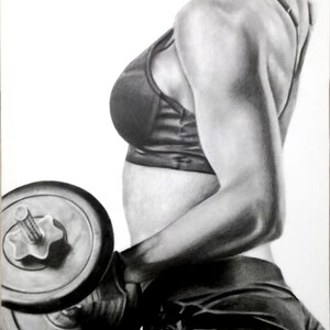 May include: A black and white drawing of a person lifting a dumbbell. The person is wearing a black sports bra and black shorts. The drawing is done in a realistic style.