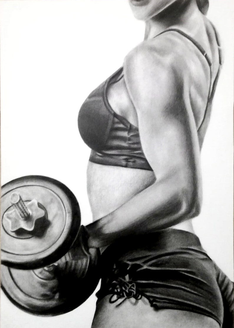 May include: A black and white drawing of a person lifting a dumbbell. The person is wearing a black sports bra and black shorts. The drawing is done in a realistic style.