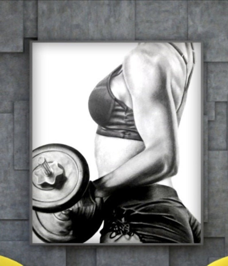 May include: A black and white drawing of a person lifting a weight. The person is wearing a sports bra and shorts. The weight is a dumbbell with a black handle and a silver weight plate.