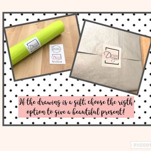 May include: Two images showing different packaging options for a drawing. The first image shows a green rolled-up drawing with a white label that says "Design". The second image shows a white tissue paper with a pink label that says "Design". The text below the images says "If the drawing is a gift, choose the right option to give a beautiful present!"