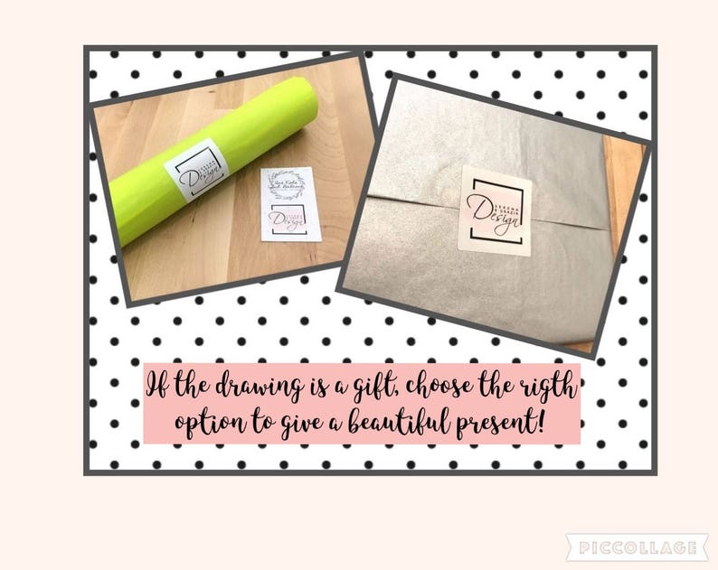 May include: Two images showing different packaging options for a drawing. The first image shows a green rolled-up drawing with a white label that says "Design". The second image shows a white tissue paper with a pink label that says "Design". The text below the images says "If the drawing is a gift, choose the right option to give a beautiful present!"