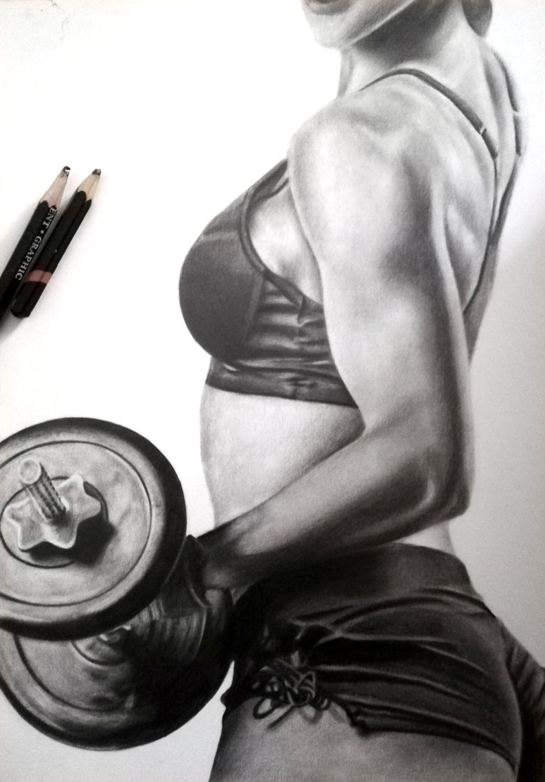 May include: A black and white drawing of a person lifting a dumbbell. The person is wearing a black sports bra and black shorts. The person's muscles are defined in the drawing.