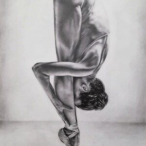 May include: A black and white pencil drawing of a ballerina in a pointe shoe, bending over with her head touching her toes.