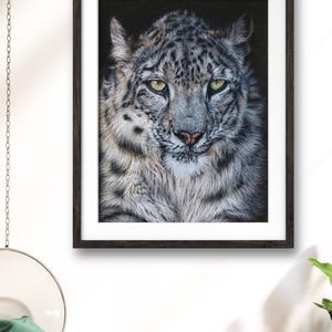 Schilderij sneeuwluipaard, katachtige natuurschilderijen, dierentekeningen, schilderij sneeuwluipaard, hyperrealistische luipaardkunstwerken, sneeuwluipaardkunstwerken