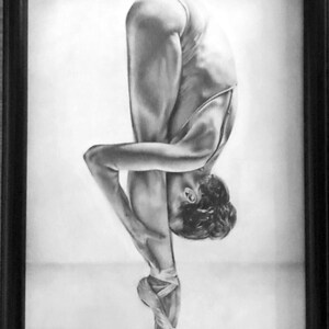 May include: A black and white drawing of a ballerina in a pointe shoe, bending over with her head down and her arms wrapped around her legs.